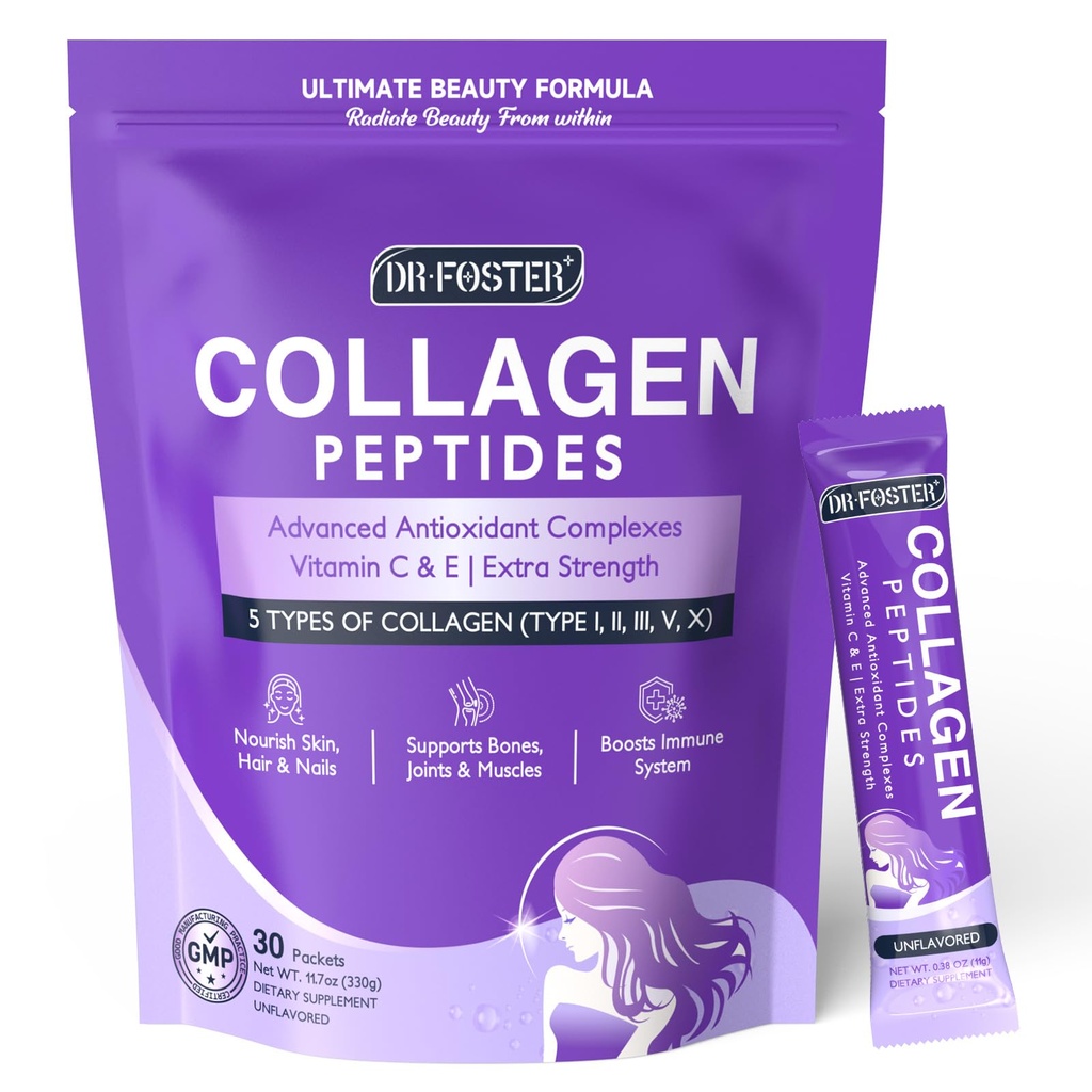 DRFOSTER Kolagēns-Peptīdi-Powder-Packets - Multi Tips I II III V X Kolagēns sievietēm ar antioksidantu Blend + C un E vitamīns ādai, matiem, nagu un locītavu, ne- GMO, 30 Stick iepakojumi