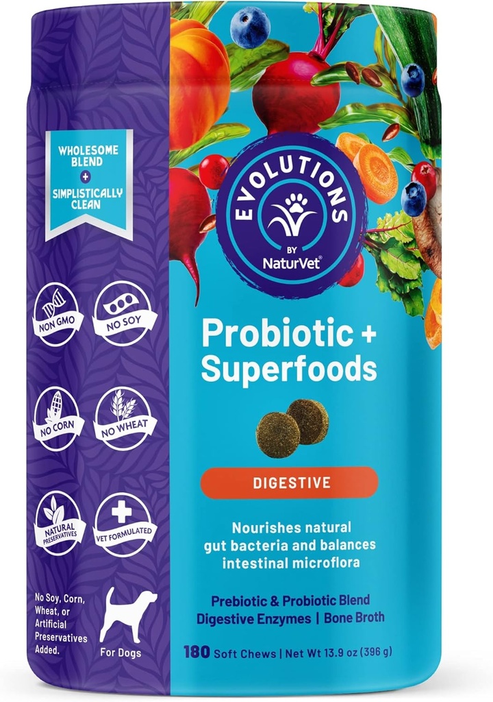 NaturVet Evolutions Probiotikas & Superfoods 90ct Soft Chews suņiem - Prebiotic & Probiotic Blend, Gremošanas Fermenti, Kaulu Broth, Omega's - Barības dabas Gut Baktērijas un zarnu mikroflora
