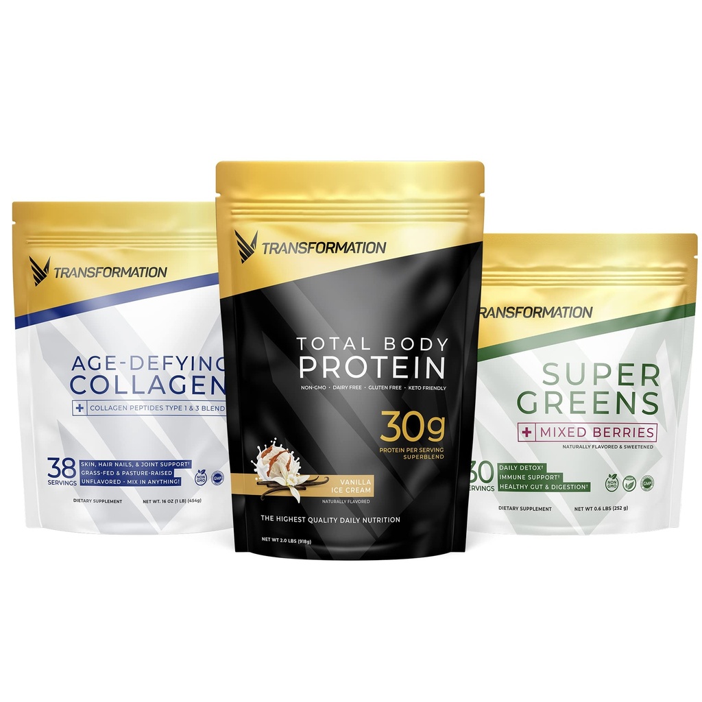 Transformācija Vaniļas proteīna pulveris  - 30G Multi-proteīna superblends + Zāles-barības hidrolizēts kolagēna peptīdi Pulveris- mati, āda, naglas + organisko Super Greens Superfood pulveris- imūna un enerģijas atbalsts