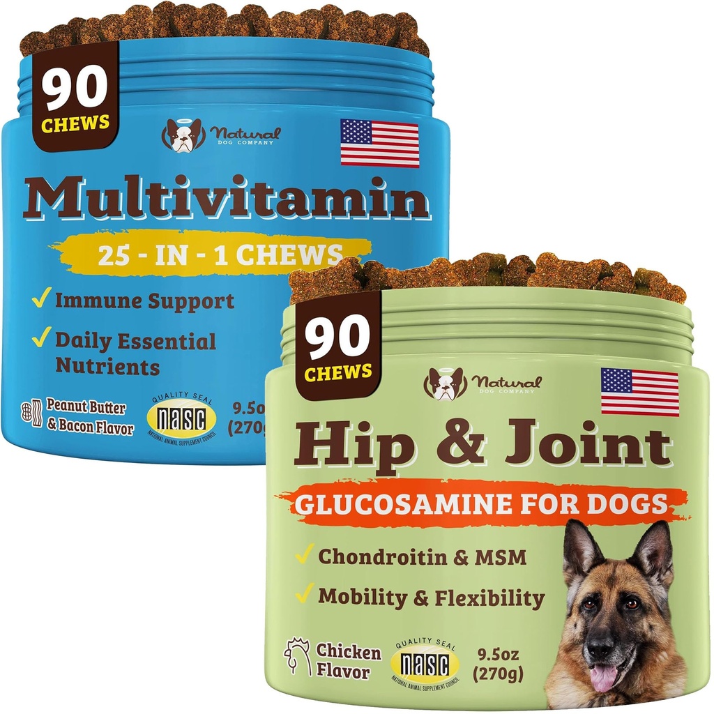 Natural Dog Company Suņu papildinājumi senioriem un aktīviem suņiem - Multivitamīnu chews & Hip & Joint Relief - Complete Nutritional Support for Joint Health, Vitamīni suņiem, Enerģija, & Vitalitāte