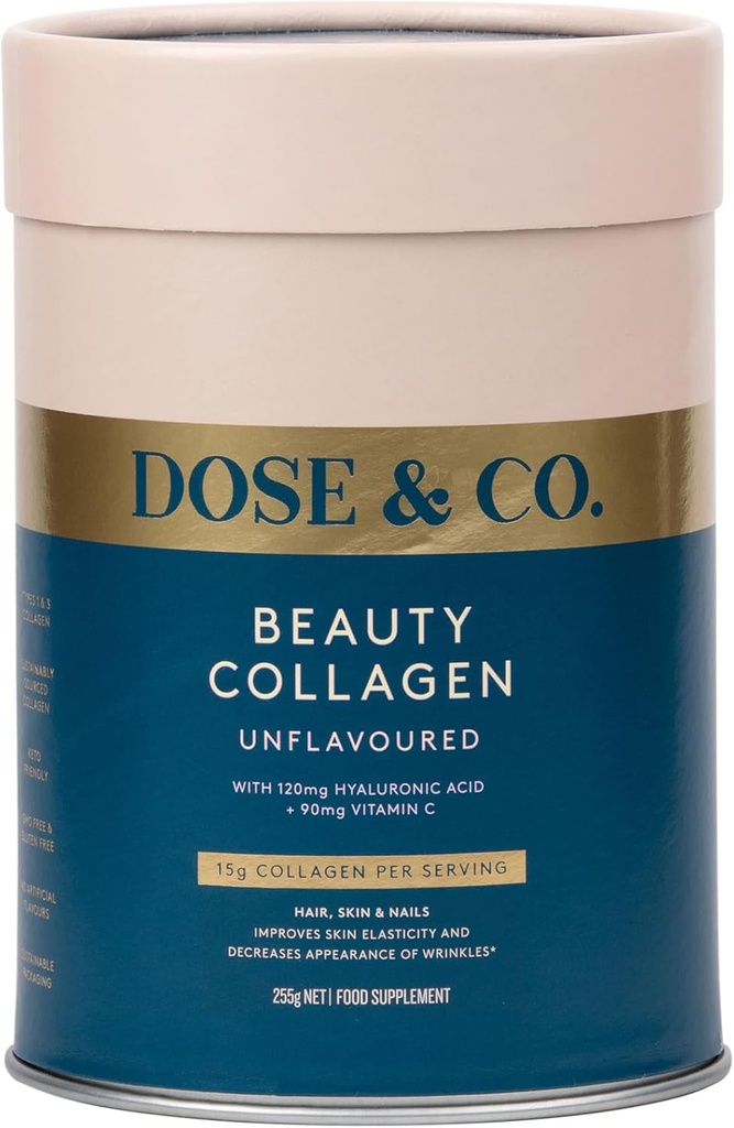 DOSE & CO. Skaistuma kolagēns ar hialuronskābi un C vitamīnu matiem, ādai un nagiem, nepārziepjojams - 9oz pulvera papildinājums