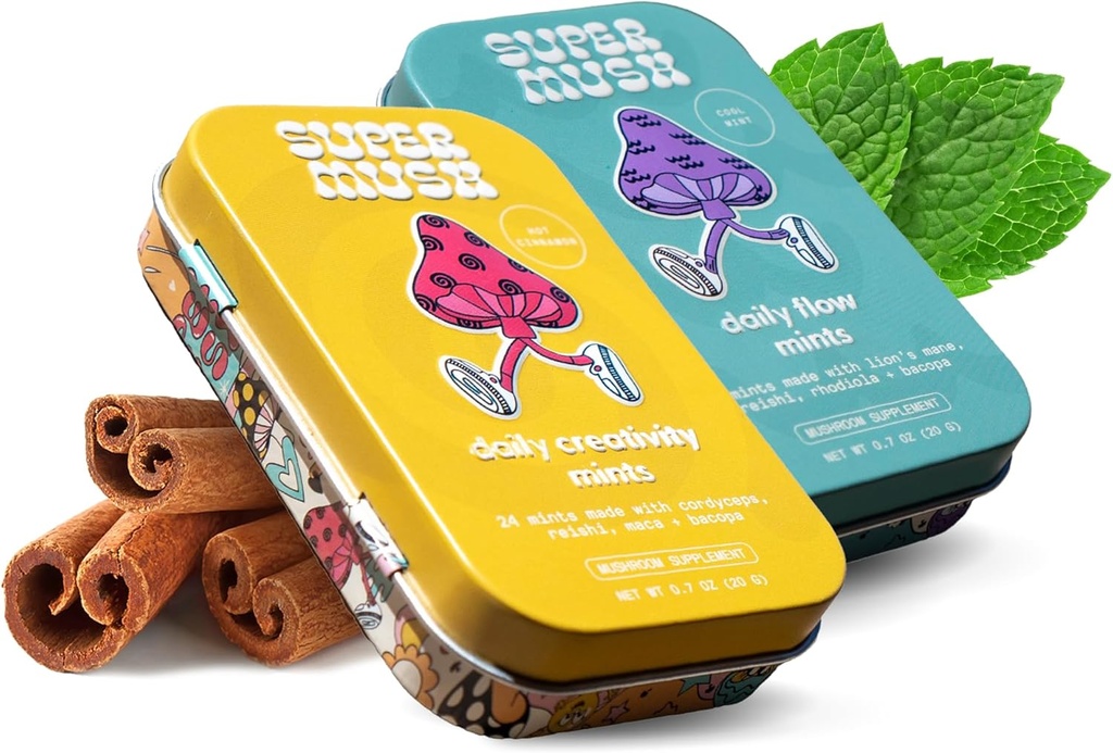 SuperMush Daily SuppleMint - 2 Plūsma un Focus Mints + 2 Radošums un savienojumu Mints - Sēņu piparmētru papildinājumi - Lauvas Mane, Cordyceps, un Reishi Jauktas Sēnes