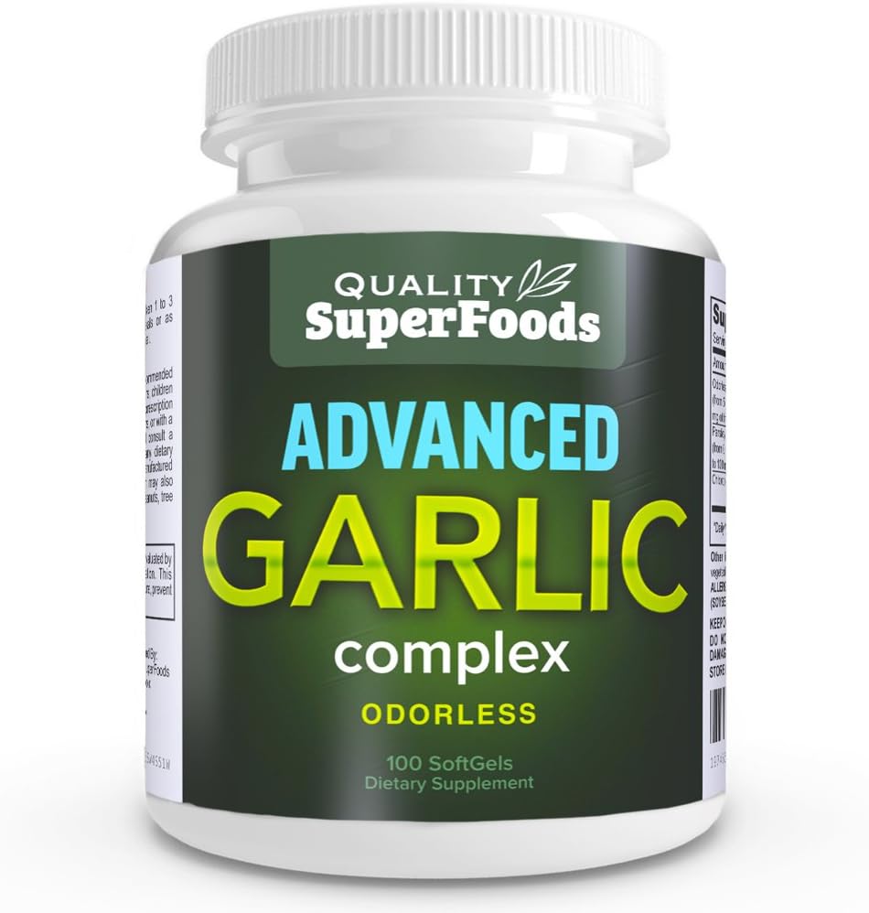 Advanced Ķiploku komplekss - Kvalitātes SuperFoods (100ct) Maksimālā stipruma komplekss Satur negāzētu Ķiploku (Allium sativum), Pētersiju (petroselinum crispum), un hlorofilu.