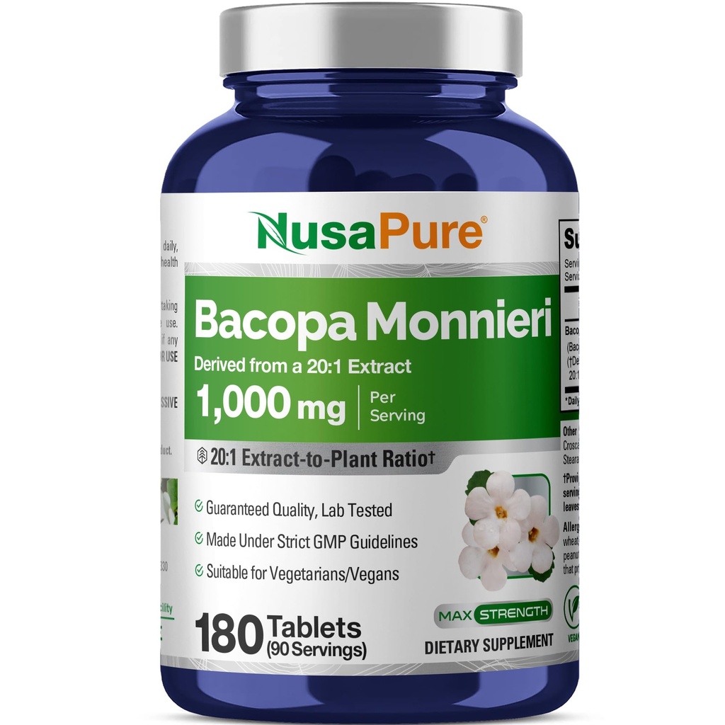 NesaPure Bacopa Leaf Monnieri ekstrakts 20 000 mg 180 tabletes (izraksts 20:1, bez GMO, bez lipekļa)
