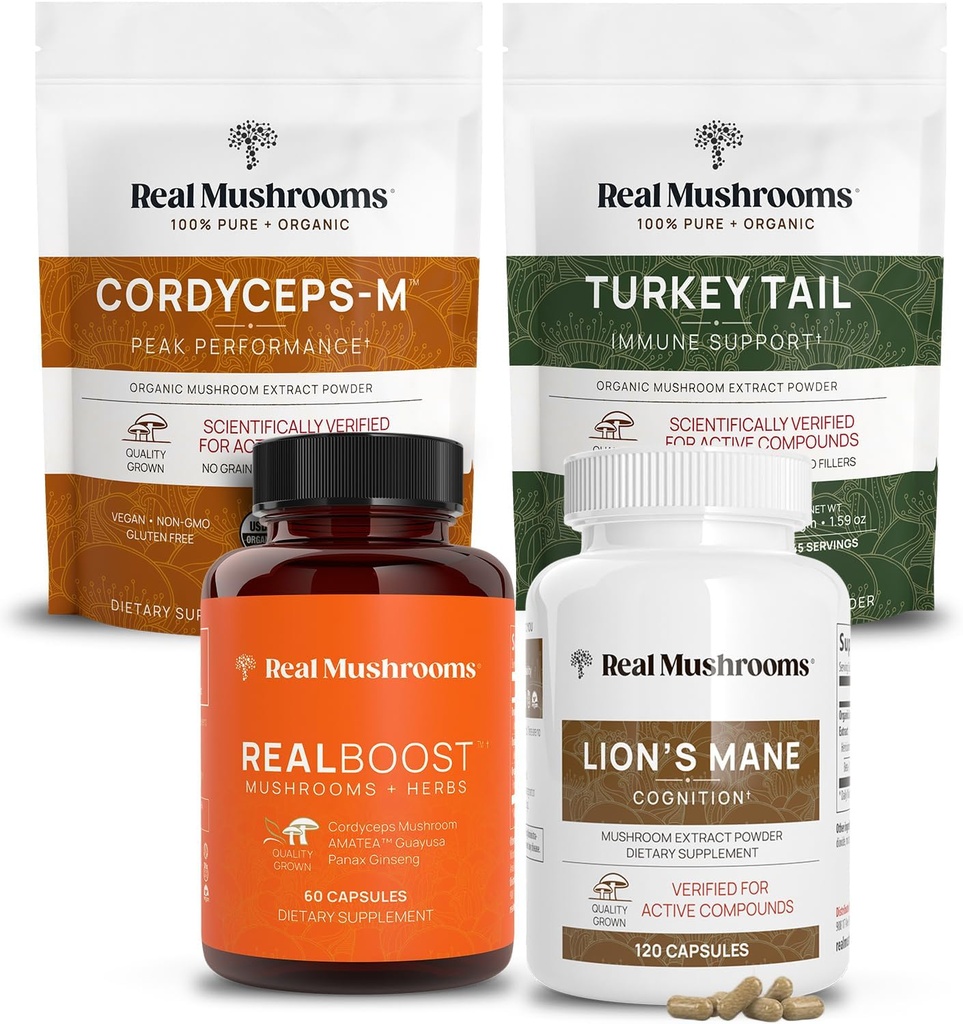 Īstās sēnes RealBoost (60ct), Lions Mane (120ct), Cordyceps & Turkey Astes sēņu pulveris un kapsulas Bundle - Sēņu papildinājums enerģijai, Vitalitātei, izturībai un izziņas - Vegan, Non-GMO