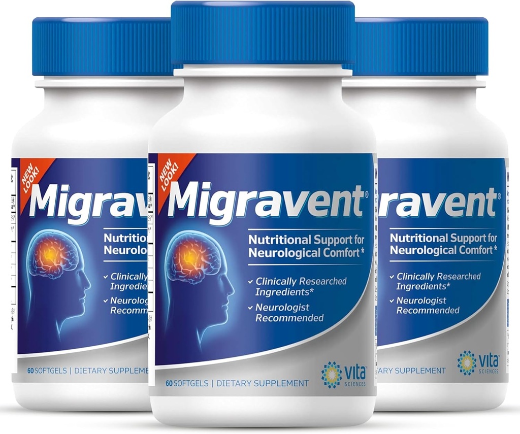Vita Sciences Migravent – Advanced Nutritional Formula with Magnium, CoQ10, Vitamīnu B2 un PA-free Butterbur neiroloģiskajam un asinsvadu atbalstam – 60 kapsulas (3. iepakojums)