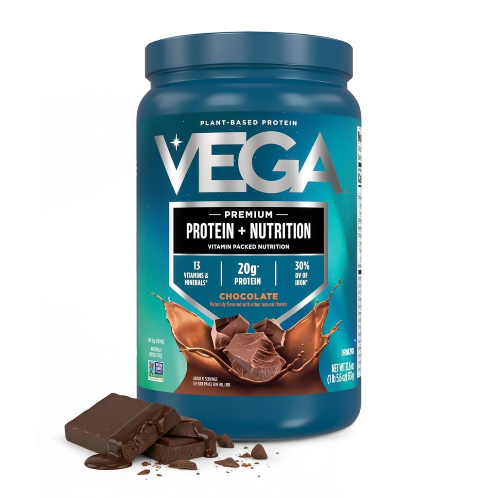 Vega Protein + Nutrition - 20g Augu bāzes pīļu proteīns, Šokolāde, 17 Servējumi, Vegan Keto Superfood, Antioksidants-Rich, Bez glutēna, bez piena, zema Carb, 1,4lbs (iepakojums May Vary)