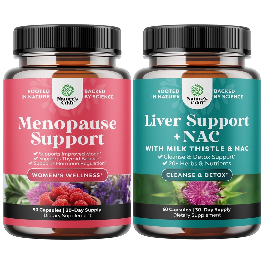 Bundle of Menopause Papildinājums sievietēm ar Dong Quai, Vitex Chaste Berry & Black Cohosh un Aknu Atbalsts NAC Papildinājums ar Milk Thistle, Artichoke, Holīna & Beeroot Detox & Remonts