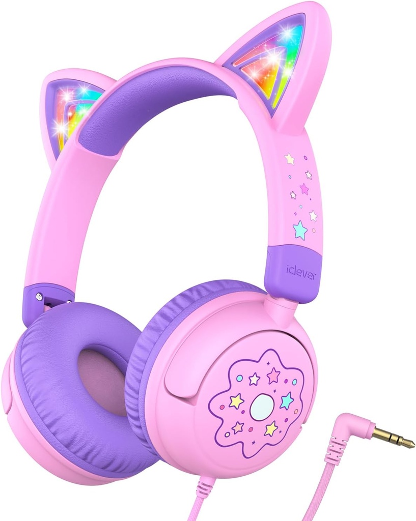 iClever Bērnu austiņas Kaķu auss, LED Light Up, 85dBA Safe Volume, Stereo Sound Toddler Austiņas Travel School, Saliekams 3.5mm Wired Kids Austiņas iPad tabletēm, Meow Lollipop - Pink