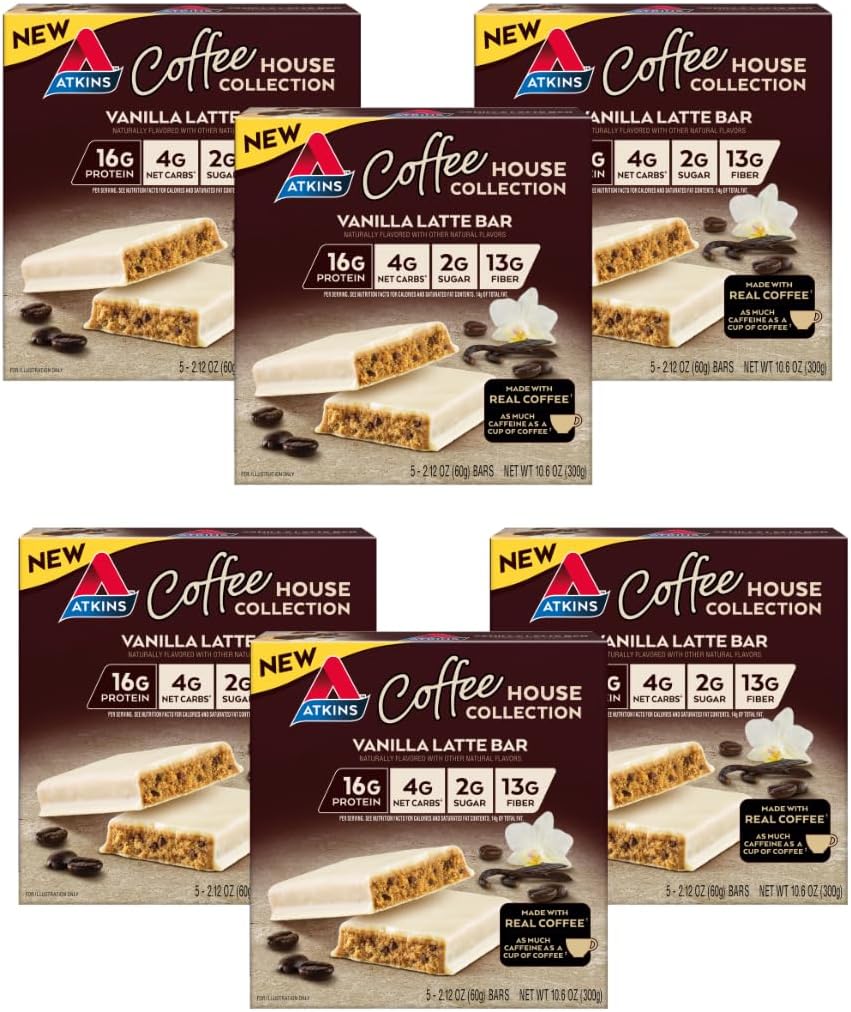 Atkins Coffee House Maltīte, Vanilla Latte, 16g Olbaltumvielas, 4g Neto Carbs, 2g Cukurs, 13g Fiber, izgatavots ar reālu kafiju, 5 grāfs (iepakojums 6)