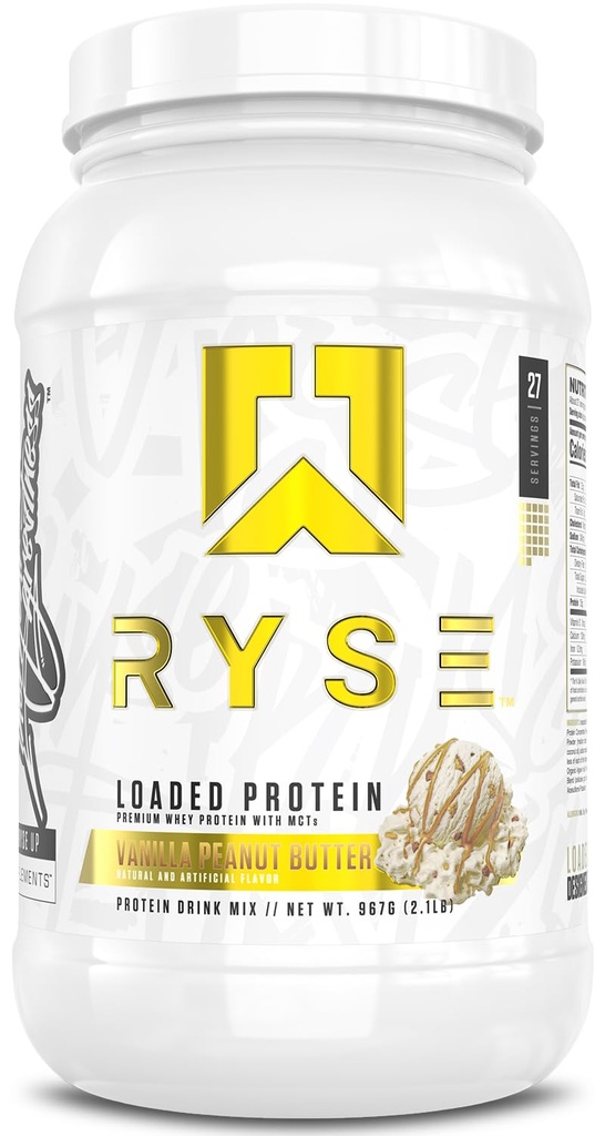 RYSE ielādēts proteīna pulveris - Vanilla Peanut sviests - 25g Sūkalu proteīna Izolāts & Koncentrāts ar prebiotisko šķiedru un MCT - zems ogļhidrātu, zems cukura, gremošanas-draudzīgi - 27 Kalpo / 2 lb Tub