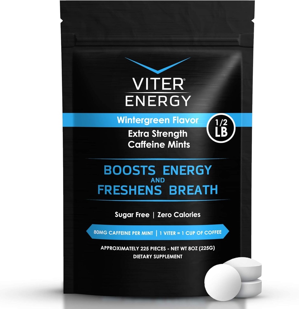 Viter enerģija Extra Strength Caffeinated Mints 80mg kofeīns, B Vitamīni, bez cukura. (Ziemaszaļš, 8oz, Bulk Bag)