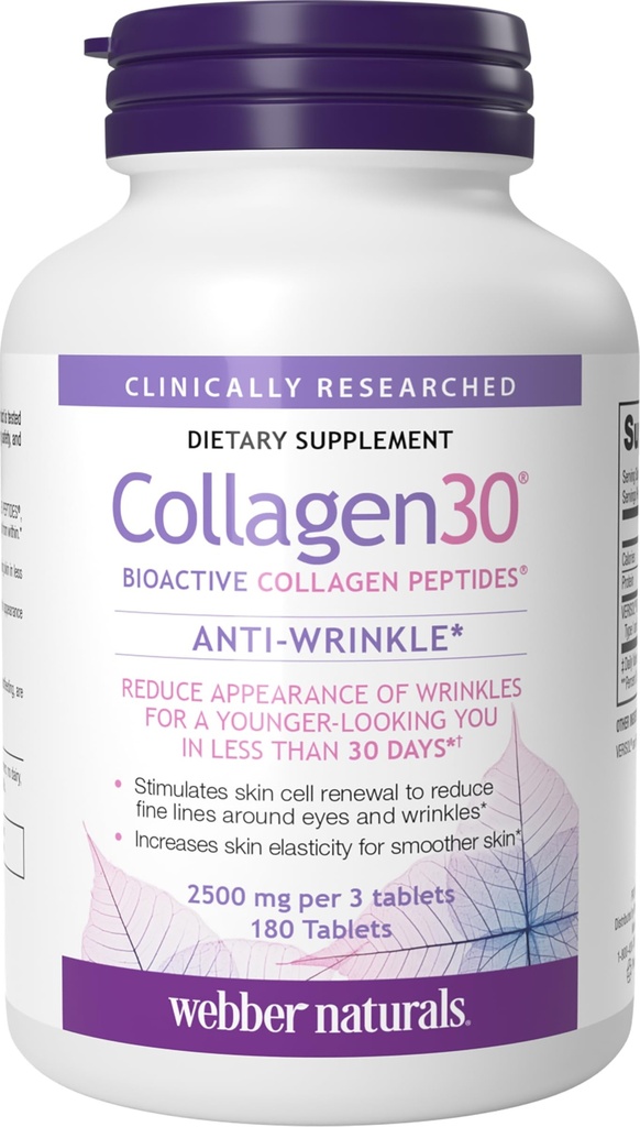 Webber Naturals Kolagēns30 Pretgrumbu, 2500mg bioaktīva kolagēna peptīdi Per Servē, 180 tabletes, palīdz samazināt dziļas grumbas, smalkas līnijas un stimulē ādas šūnas, nav ĢMO, Piens un lipeklis bez