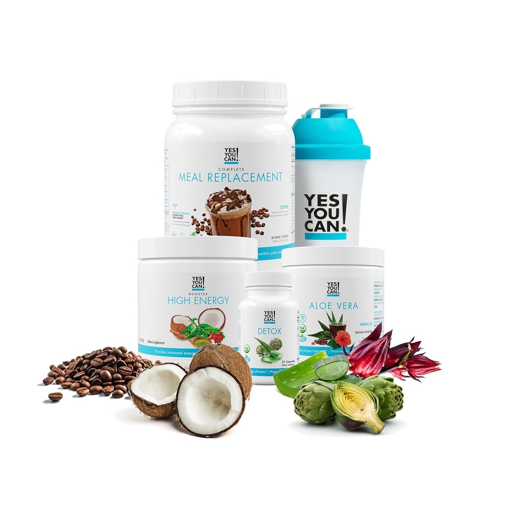 Jā Jūs varat! Detox Plus komplekts - Ikdienas tīrīšana Tīrs Fiber Ēdienu Aizstāšanas Dzēriens Mix, Shake Booster & Papildinājums, Ķermeņa tīrīšanas komplekts vīriešiem un sievietēm, Dienas sistēma Tīrīt - Kafija, Hibiscus
