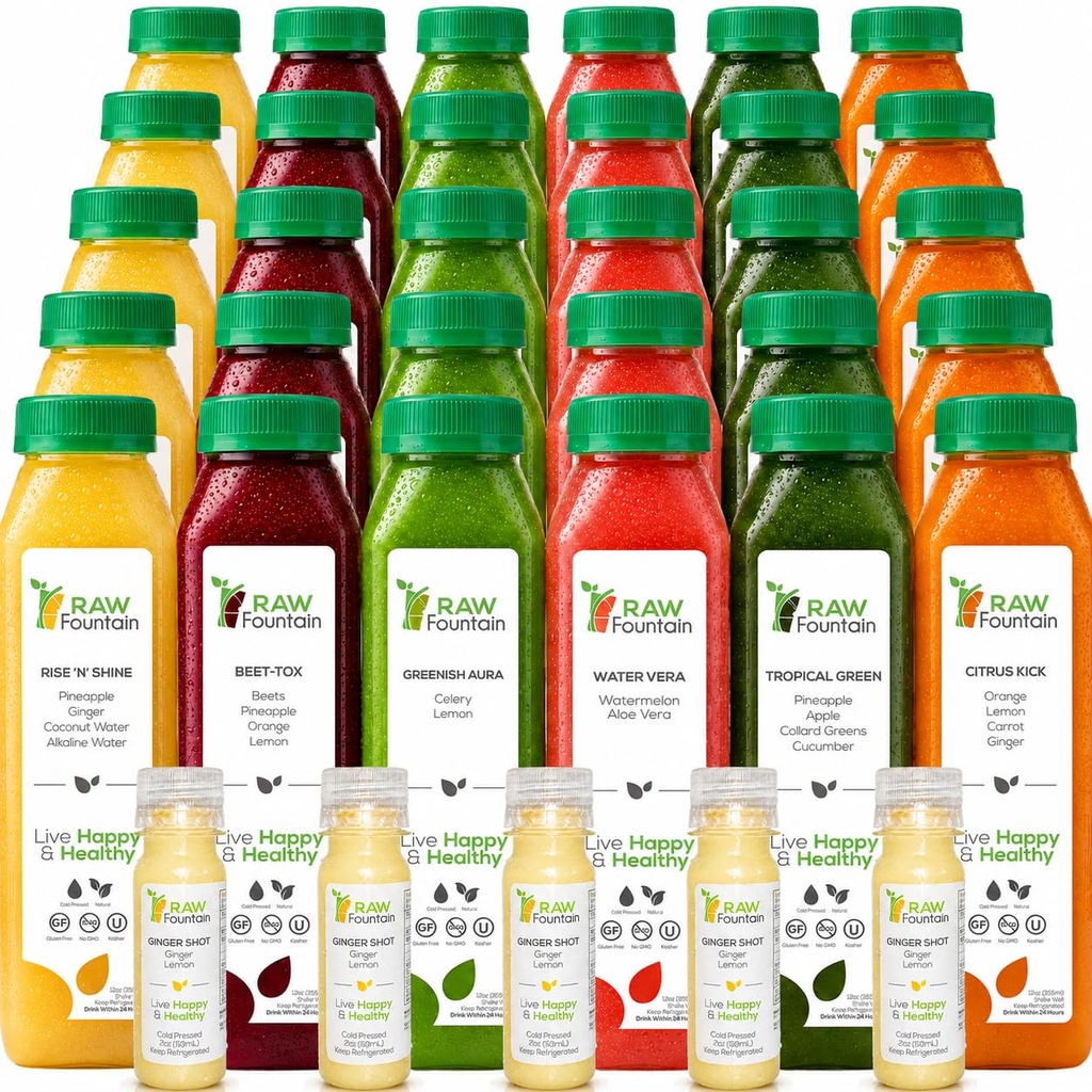 Raw strūklains 5 dienu sulas tīrīšanu, tropu uzliesmojumi, visi dabas Raw, auksti presētas augļu un dārzeņu sulas, Detox tīrīšanu, 30 pudeles 12oz, 5 Bonus ingvera šāviņi