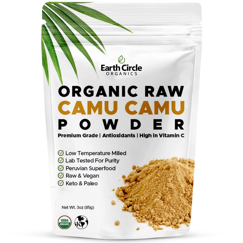 Zemes aplis Organics Camu Camu pulveris – Organic Raw Berry Pulveris ar dabas vitamīns C & Antioksidanti – Vegan, Kosher, Non-GMO Superfood Immunity & Energy – 3oz (iepakojums no 1)
