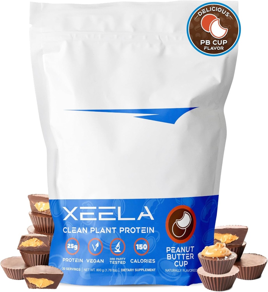 XEELA Augu bāzes Vegan Olbaltumvielu pulveris - neatkarīgi pārbaudīts - 25g augsts proteīns, pīļu proteīns vīriešiem un sievietēm - Vitamīni un minerālvielas, neĢMO, bez piena un glutēna, ar zemu oglekļa saturu un zemu tauku saturu (Peanut Sviesta kauss)
