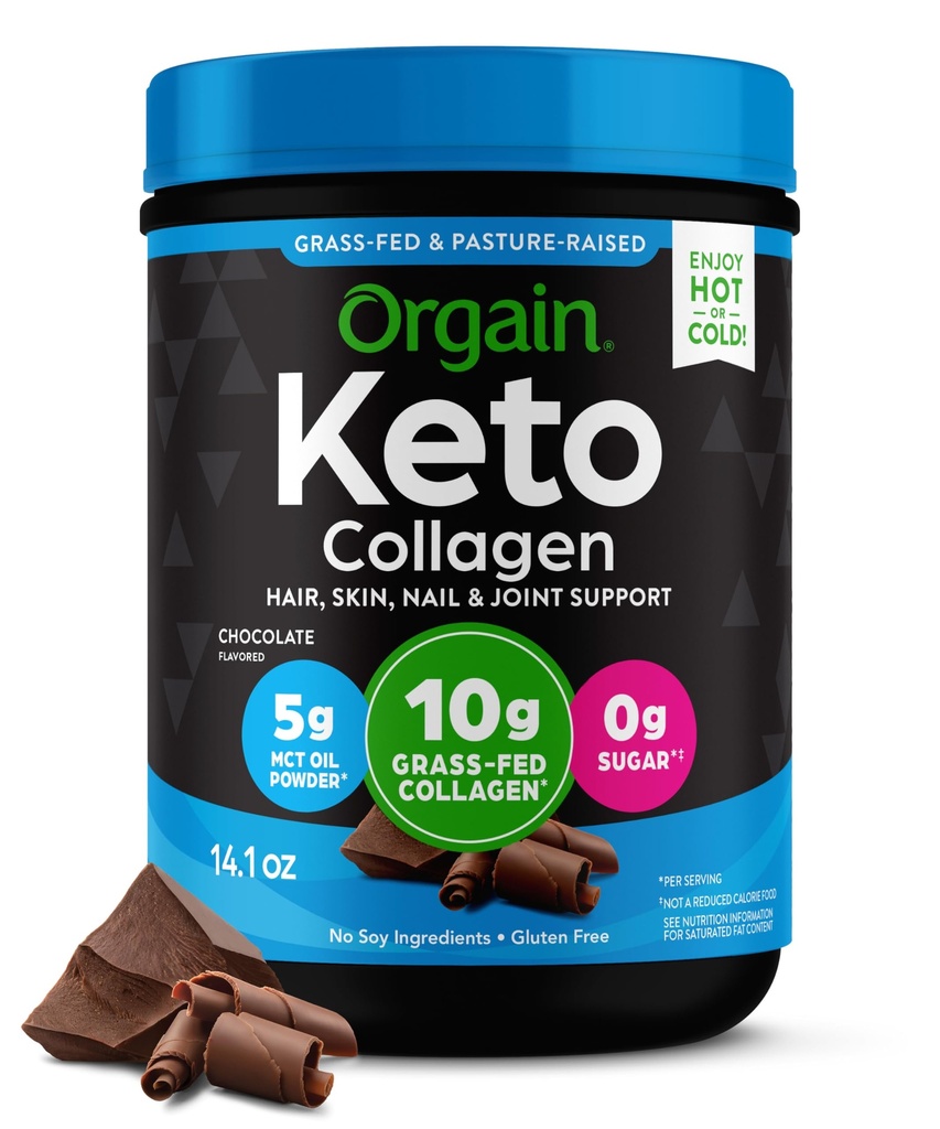 Orgain Keto Collagen Protein Pulveris, Šokolāde - 10g Zāles kausēts hidrolizēts kolagēns Peptīdi sievietēm un vīriešiem, I & III tips, 5g MCT eļļa - mati, āda, nagi, & locītavu atbalsts, ne-GMO, bez glutēna - 0,88lb