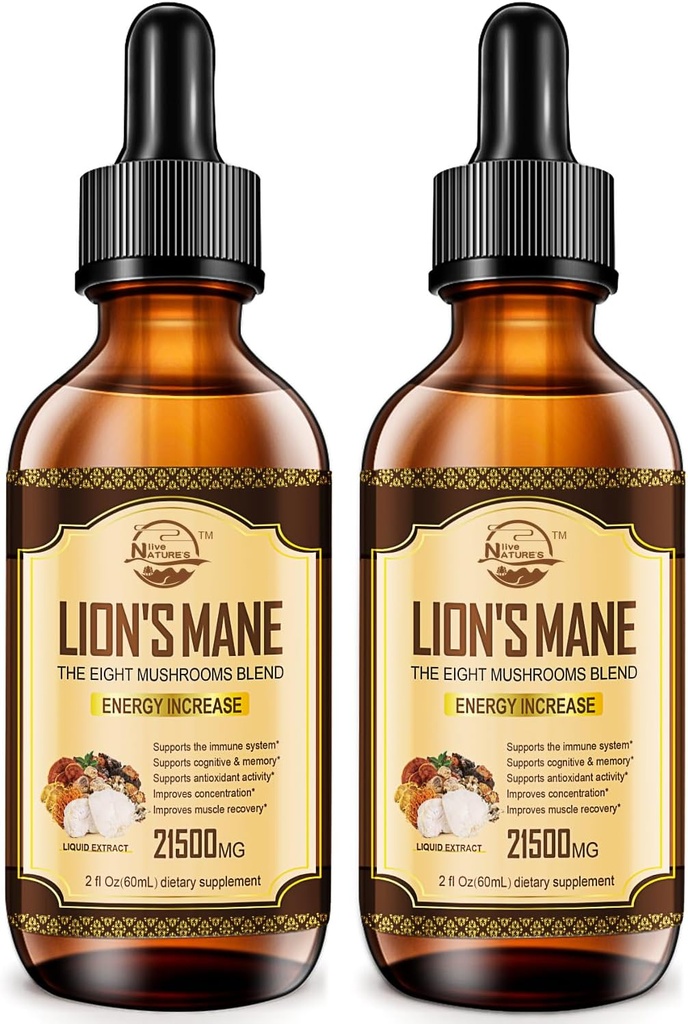 Dabas dzīvās Lauvas Manē Papildinājums, Šķidro Sēņu Ekstrakta Pilieni, 8 Sēņu komplekss Imūnsistēmai, Atmiņas, Focus Boost, Sēņu Papildinājums ar Lauvas Mane, Cordyceps, Reishi, Vegan, 2 Pack