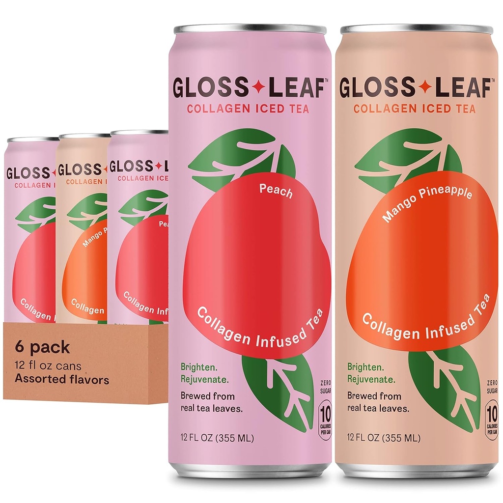 Gloss Leaf kolagēna ledus tēja (Zero-Cugar, Assorted): brūvēta melnā tēja ar kolagēna peptīdiem, C vitamīnu, skaistumkopšanas un anti-Aging, 12 Fl Oz, 6 Pack
