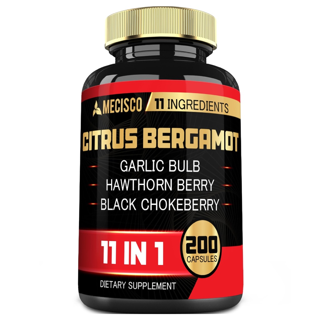 11in1 Citrus Bergamot Papildinājums 1000mg ar Olive Leaf, Hawthorn Berry, Guggul, Ķiploki, un More - Atbalsts Immunity, cirkulācijas sistēma un vispārējā veselība - 200 kapsulas