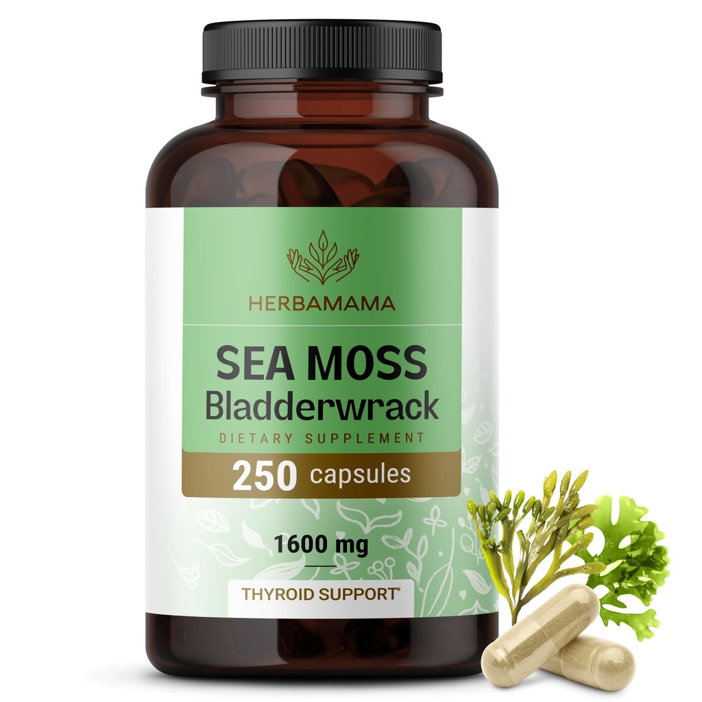 HERBAMAMA Irish Sea Moss Kapsulas - 1600mg Sea Moss and Bladderwrack for Imūnsupport - Vegan, Non-GMO Immunity Papildinājums vispārējam atbalstam