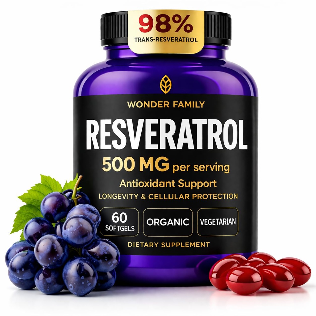 Resveratrol papildinājums 500mg – 98% Trans Resveratrol 1000mg Organic Complex – NAD Resveratrol Antioksidanti un antinovecošanās papildinājums sirds veselībai, atmiņas Lift, labsajūtu formula, Veselīgs šūnu atbalsts