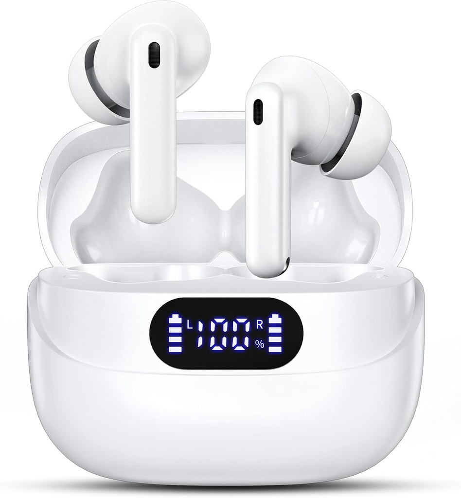 Bezvadu austiņas, 42H Playtime Bluetooth 5.3 Austiņas, HiFi Stereo Zvanu Troksnis Atcelt Erbuds, IPX7 Ūdensizturīgs Stereo iekšējs austiņas ar LED displeju iOS Android (White)