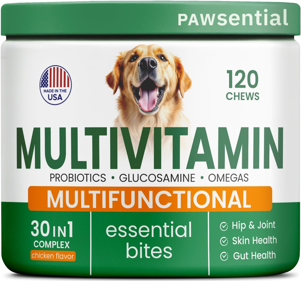 Suņi Vitamīni + glikozamīns - košļājami multivitamīni + probiotikas, omega - gurnu un locītavu balsts, āda un mēteļi, gurnu veselība - pieauguši un vecāki - lieli un mazi dzimumi - 120 košļājamās rotaļlietas