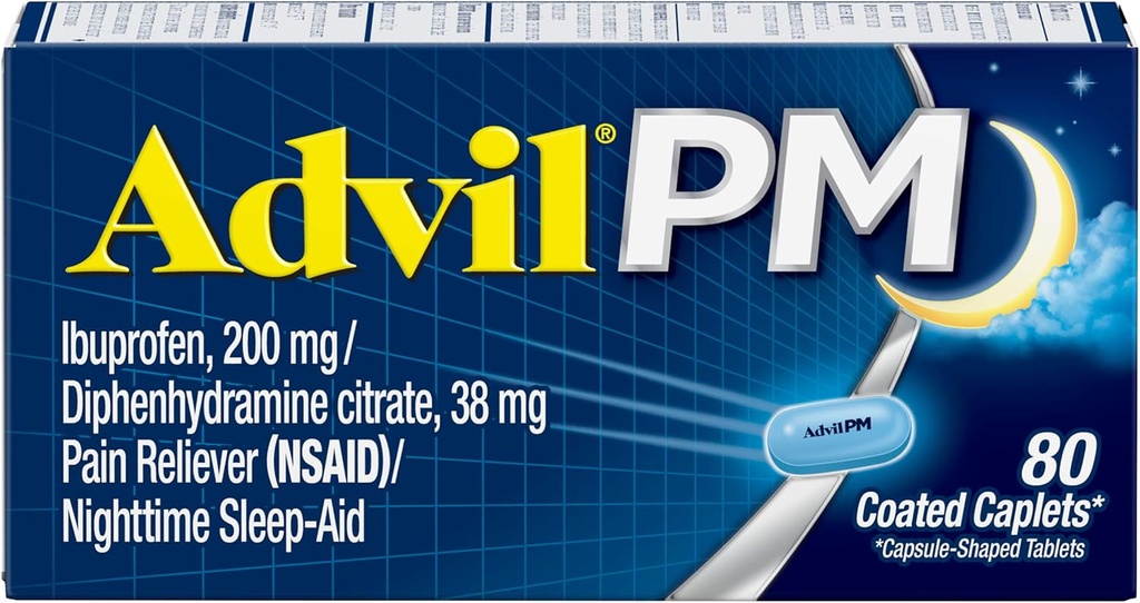 Advil PM sāpes Reliver un nakts miega palīglīdzeklis, sāpes Medicīna ar Ibuprofēns pret sāpju atvieglošanu un difenhidramīna citrāts par miega palīglīdzekli - 80 Skaits (iepakojums no 2)