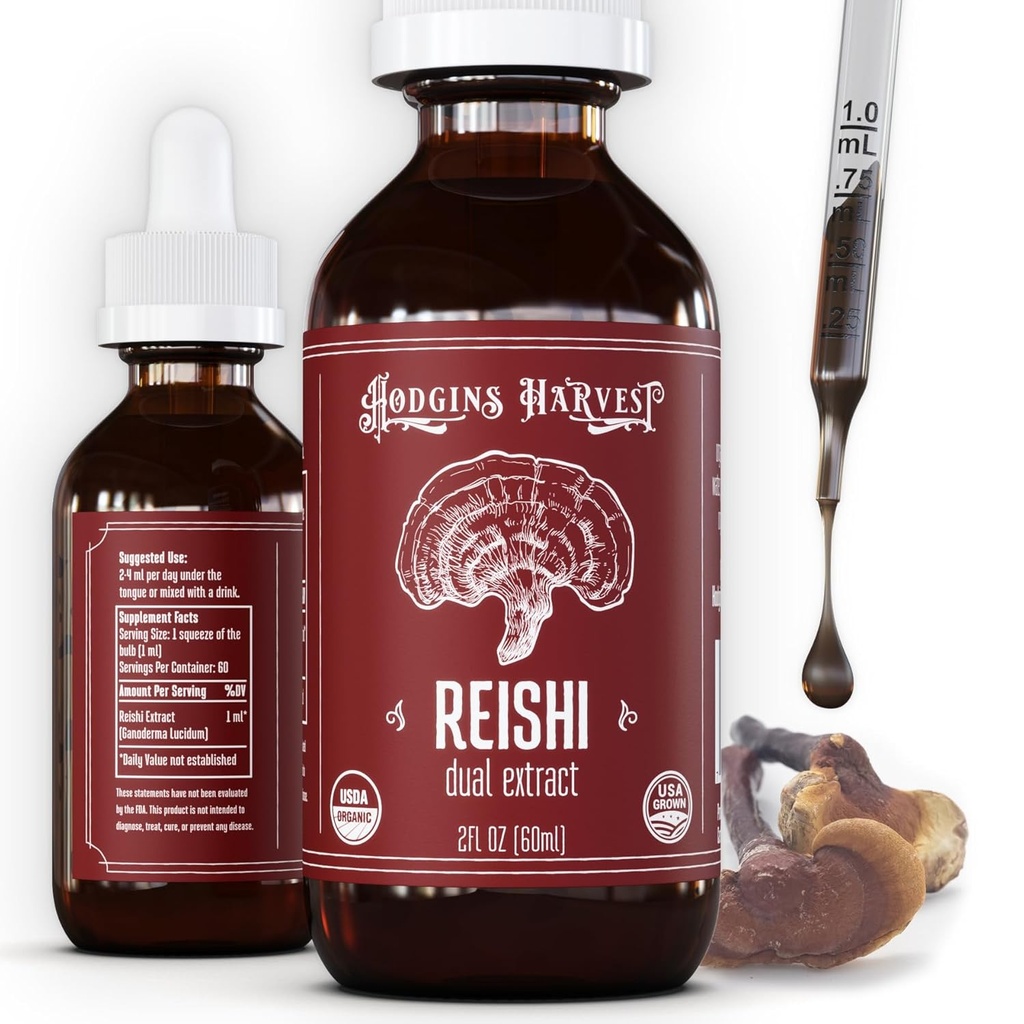 Hodgins Raw Organic Reishi Sēņu augļkopība Ķermeņa ekstrakts Tincture - Extra Koncentrēts Dual Extract Papildinājums - Atbalsts Sirds veselība un labsajūta - USDA Organiskās sēnes - 2oz