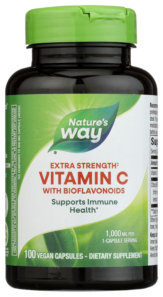 Dabas ceļš Extra Strength(1) Vitamīns C ar bioflavonoids, atbalsta imūno veselību*, veicina kolagēna ražošanu veselīgai ādai*, 1000 mg uz kapsulām, 100 Vegan kapsulas (iepakojums May Vary)