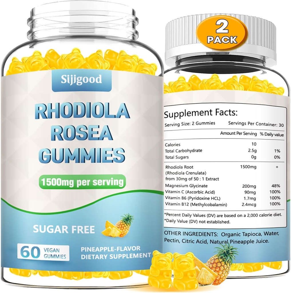 2 Iepakojums Bezcukura Rhodiola Rosea Gumies, Adaptogenic Rhodiola Rosea Papildinājums & Kortizola blokators pastiprinātai Stamina, Mood Elevation un Motivation Boost, Ne-GMO, Vegan, 120 Count