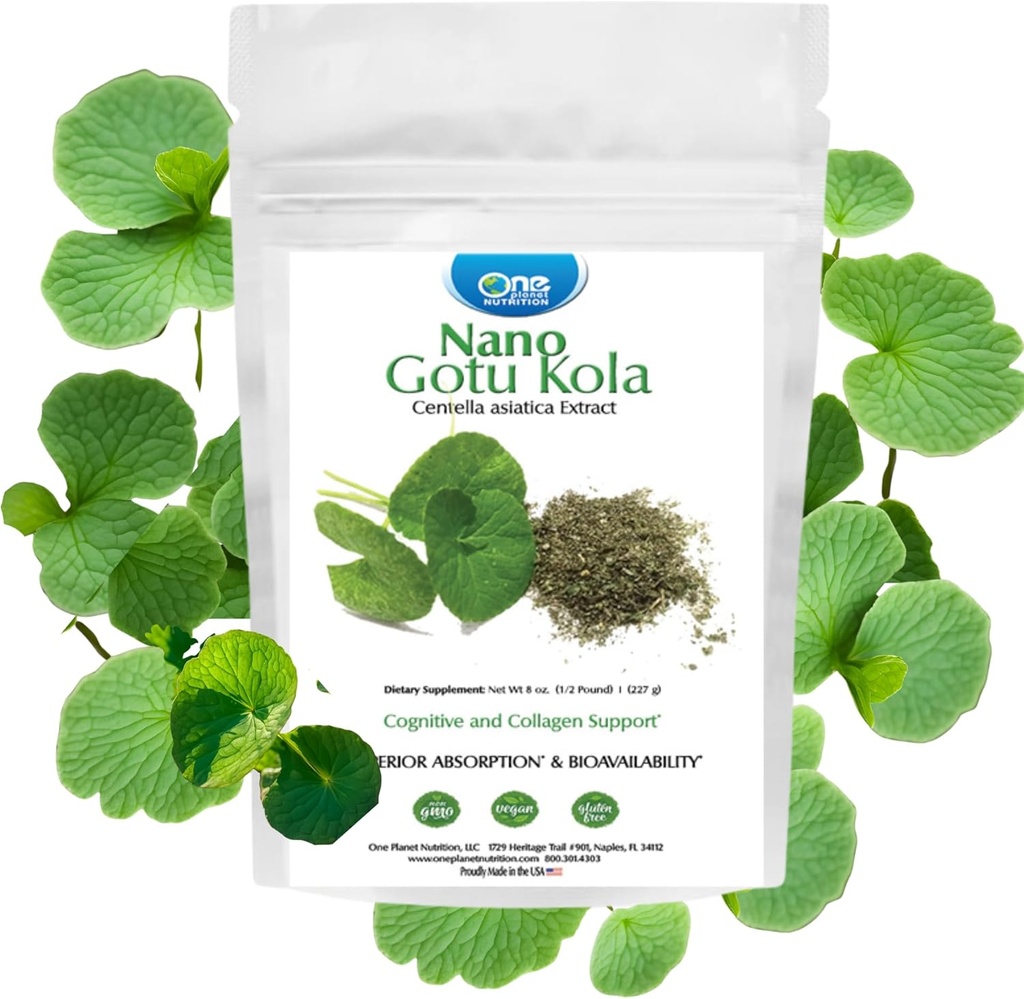 One Planet Nutrition Nano Gotu Kola Powder 8 oz (227 Servings), Gotu Kola ekstrakts, Nano uzlabotai absorbcijai, uzlabo smadzeņu funkcijas un kolagēna sintēzi, ne-ĢMO, Vegan, Gluten-free
