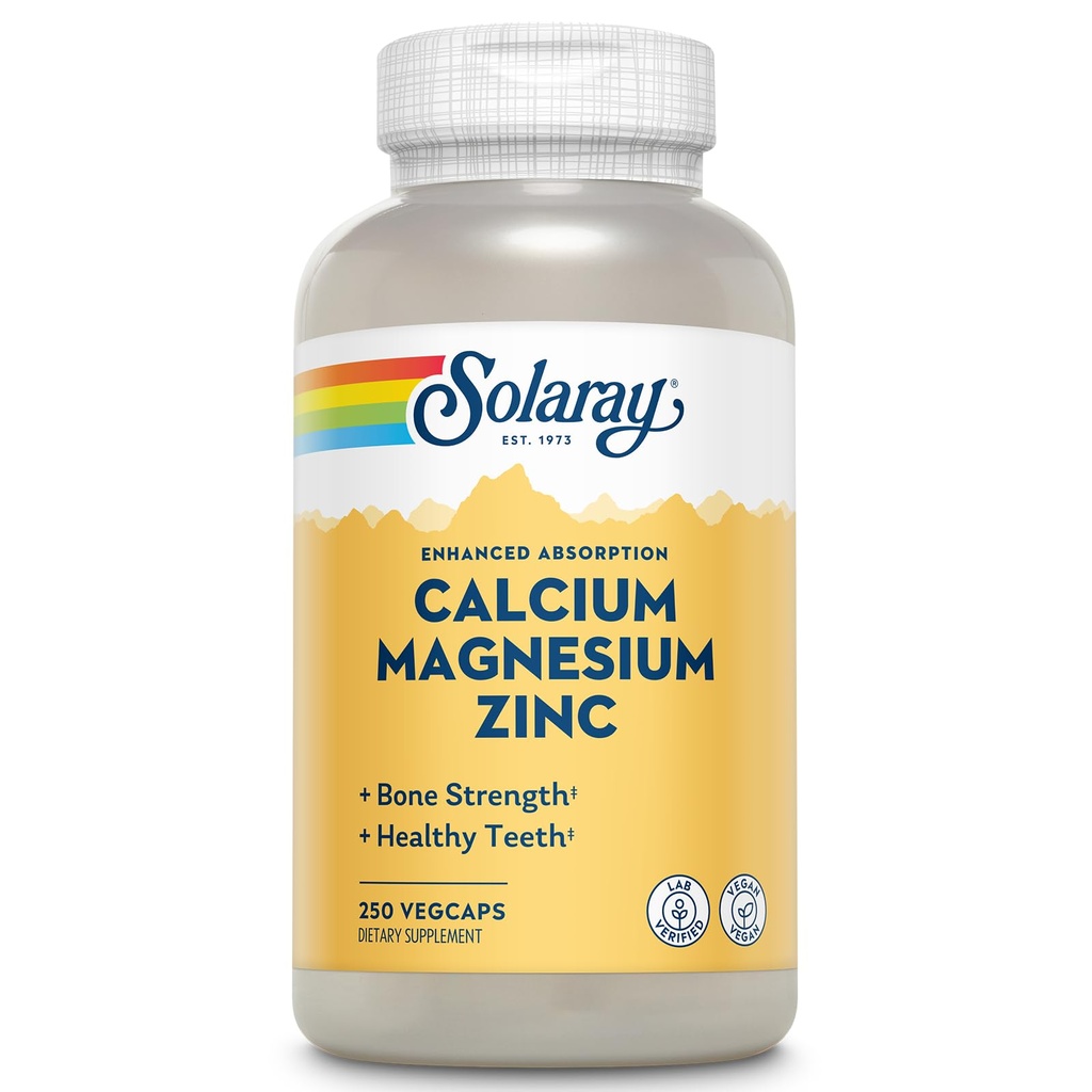 SOLARAY kalcija magnija cinka papildinājums - ar kalciju 1000mg, magnijs 500mg - kaulu veselība, muskuļu funkcija, sirds veselība un imūnās sistēmas atbalsts - Vegan, 60 dienu garantija, 62 Servējumi, 250 VegCaps