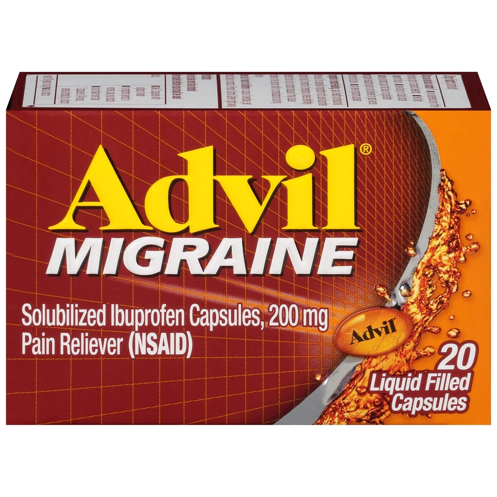 Advil Migraine Galvassāpes Reliefs, Ibuprofēns Kapsulas ar Ibuprofēnu 200 mg Migraine Relief, slikta dūša Relief un gaismas jutīgums Relief - 20 šķidrās pildītās kapsulas