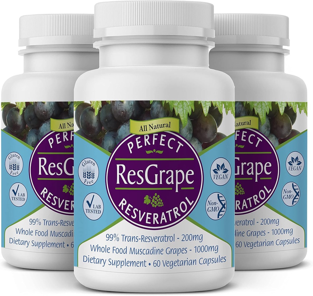 Perfekti papildinājumi – Perfect ResGrape Resveratrol – 60 kapsulas – Trans-Resveratrol & Organic Muscadine Vīnogas - 3 iepakojums