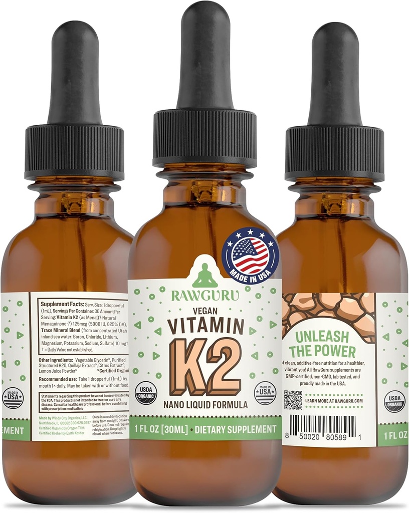 RawGuru vitamīna K2 Papildinājums - Organiskais vegan K2 vitamīns MK7 ar minerālvielām, kas ir ar nanoprocesu un imūno atbalstu, Tinktūra - 30 Vegan pilieni uz 30 ml, iepakojumā 1
