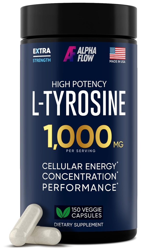 Alfa Plūsma L Tirozīns 1000MG Kapsulas - All-Natural L- Tirozīns Papildinājums Fokusa un enerģijas Boost - Bez GMO un lipekļa - Vegan 150 Caps -500mg x 2 uz apkalpo