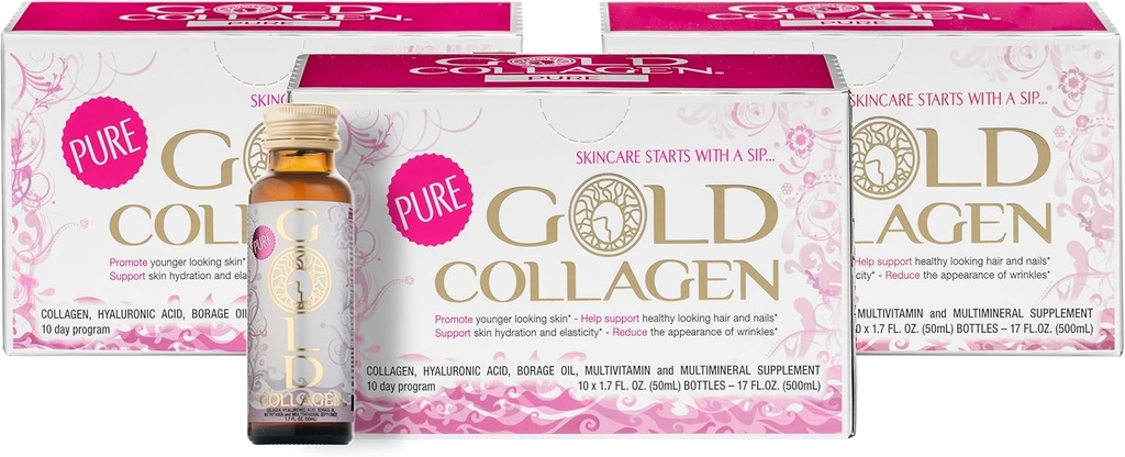 GOLD COLLAGEN Pure - Kolagēna piedevas sievietēm un vīriešiem ar biotīnu matu augšanai, ādai un nagiem - pretgrumbu imūnās sistēmas pastiprinātājs ar hialuronskābi, vitamīns C, B6 un cinks, 3 Pack 10x50 ml