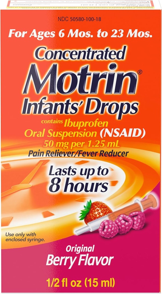 Zīdaiņu motrīna koncentrēti pilieni, drudža reduktors, ibuprofēns, berzes uzliešana.5 Oz