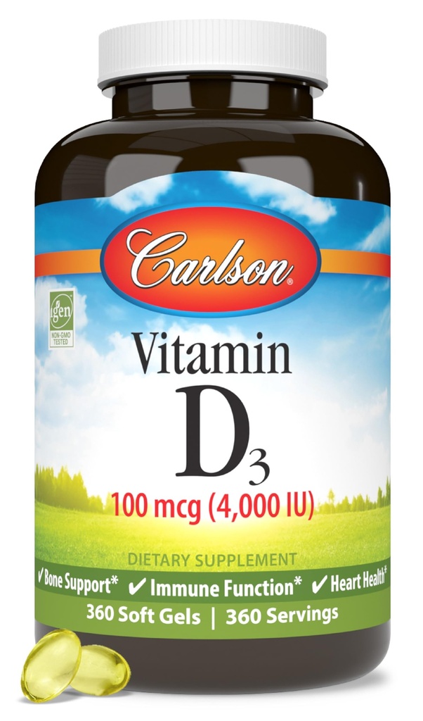 Carlson - D3 vitamīns, 4000 SV (100 μg), kaulu un imūnā veselība, holekalciferola papildinājums, bezglutēna D vitamīna kapsulas, 360 softgeli