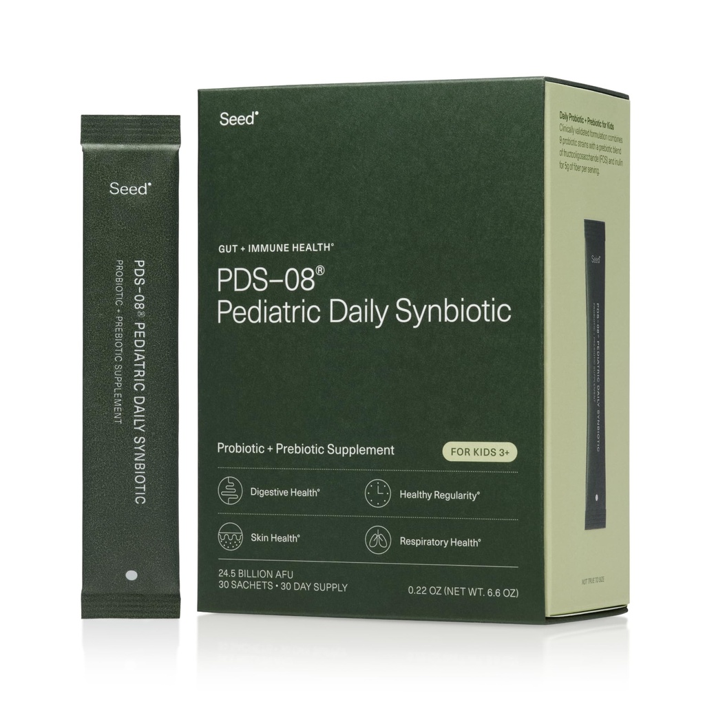 Sēklas PDS-08 Pediatriskā Daily Synbiotic - Fiber-Based Prebiotic & Probiotic for Kids - Gremošanas veselība, regularitāte, Aizcietējums Relief - laikmets 3-17 - Vegan un Shelp-Stable - 30 Sachets (30 dienu piegādes)