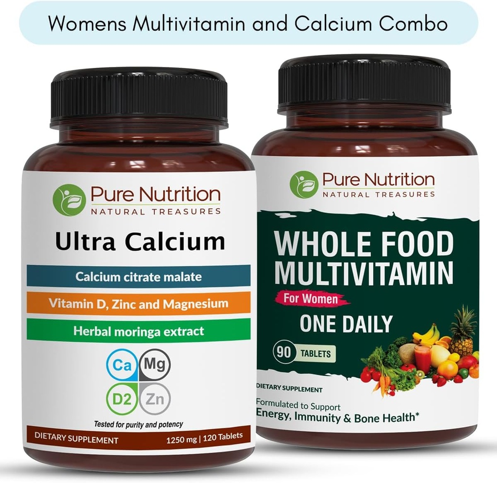 Pure Nutrition Ultra Kalcijs 1000mg un Vesela pārtika Sievietes Multivitamīni 1500mg veselīgu kaulu, locītavu un vispārējo labsajūtu. Ultra Kalcijs 120 Tabs + Sievietes Multivitamīni 90 Tabs.