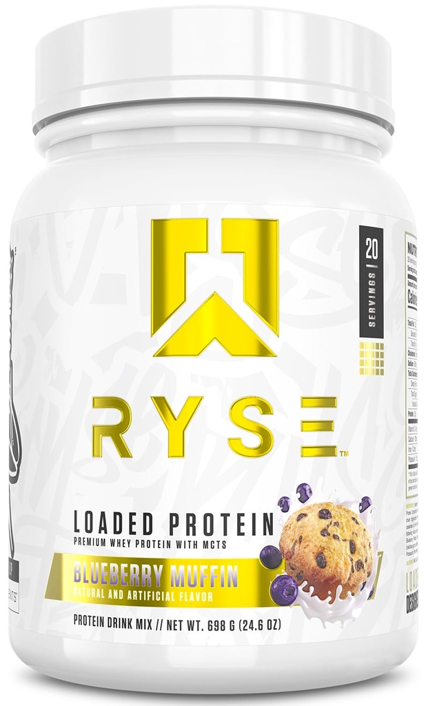 RYSE ielādēts proteīns Pulveris - melleņu muffin - 25g sūkalu proteīns Izolāts & Koncentrāts ar prebiotisko Fiber & MCTs - zems ogļhidrātu, zems cukurs, gremošanas-draudzīgs - 20 Kalpojumi / 1.5 lb Tub