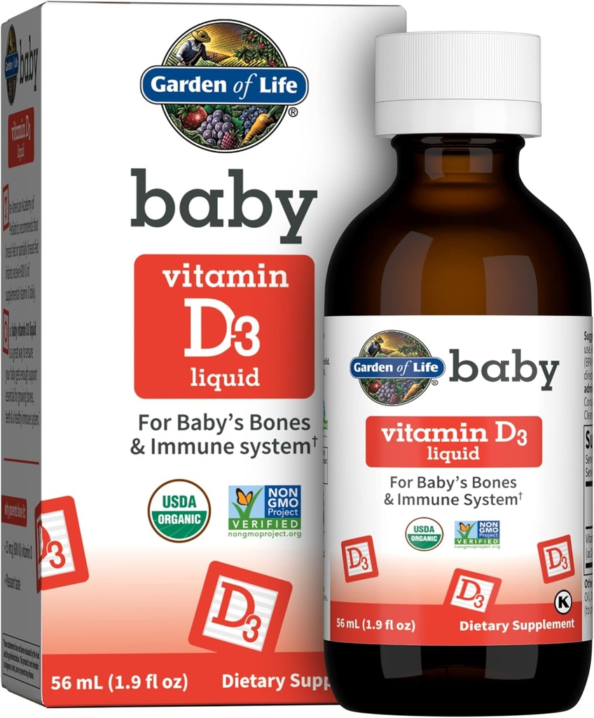 D3 vitamīns, 600 SV (15 μg) Organisks šķidrs D vitamīns zīdaiņiem un bērniem, atbalsts zīdaiņu kauliem un imūnai sistēmai, bez lipekļa un ne-GMO, 56 ml (1,9 fl oz) šķidrums
