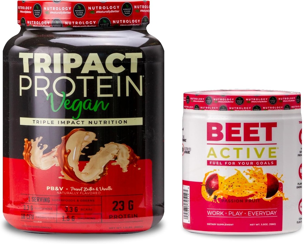 Nutroloģija TRIPACT Vegan Protein Pulveris, vegana proteīna sakratiem, zemesriekstu sviests Vanilla (20 Kalpojumi) un biešu aktīvs, dabīgs pirmsdarba pulveris, Passion Fruit Flavor (30 Kalpo)