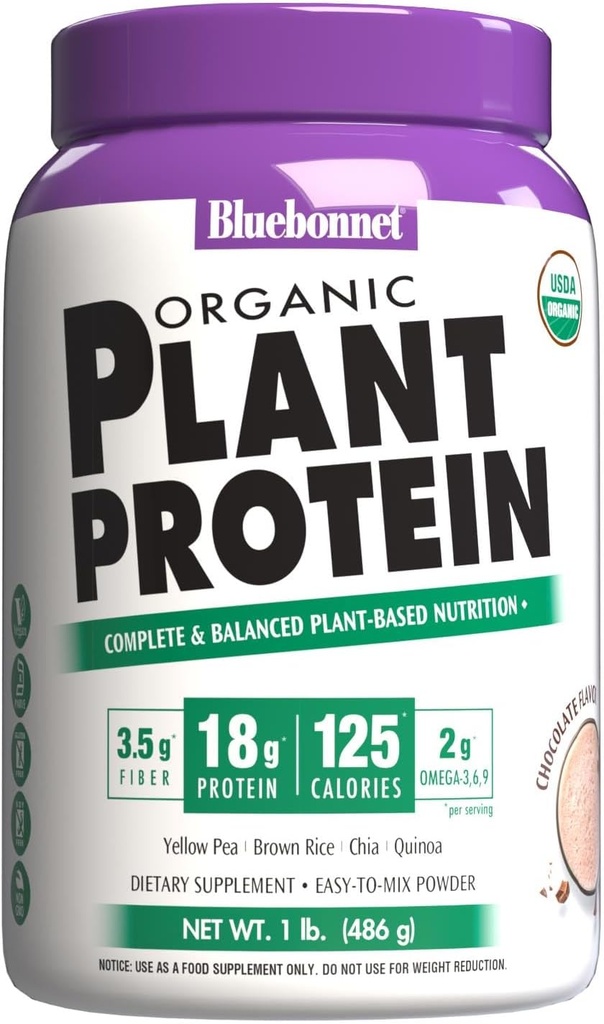 Bluebonnet Nutrition Organic Plant Protein - 18g Protein, 3.5g Fiber – Chia, Quinoa & More - Non-GMO, Vegan, Kosher, USDA Organic, Nav pievienots cukurs – bez lipekļa, sojas un piena - 1 LB, šokolādes Flavor