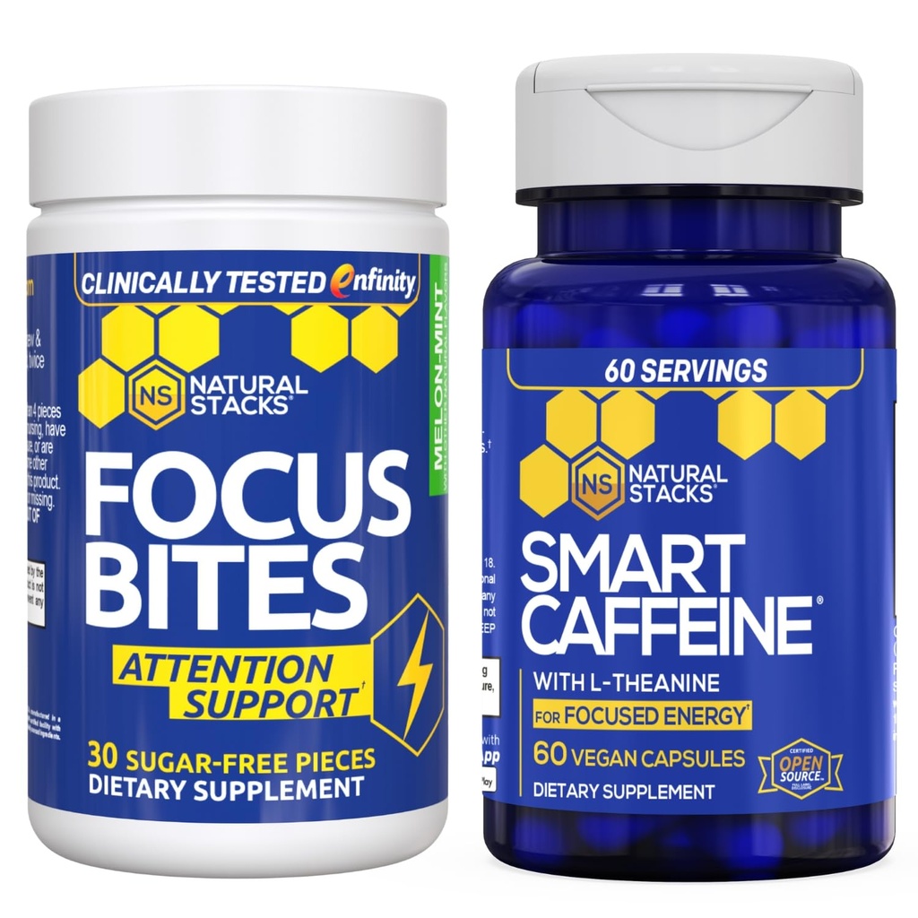 NATURAL STACKS Smart Cofeine + Focus Bites Bundle - Kofeīns un paraksantīna piedevas - Atbalsta enerģija un Focus* - Nav džitri vai Crash - 90 gabali