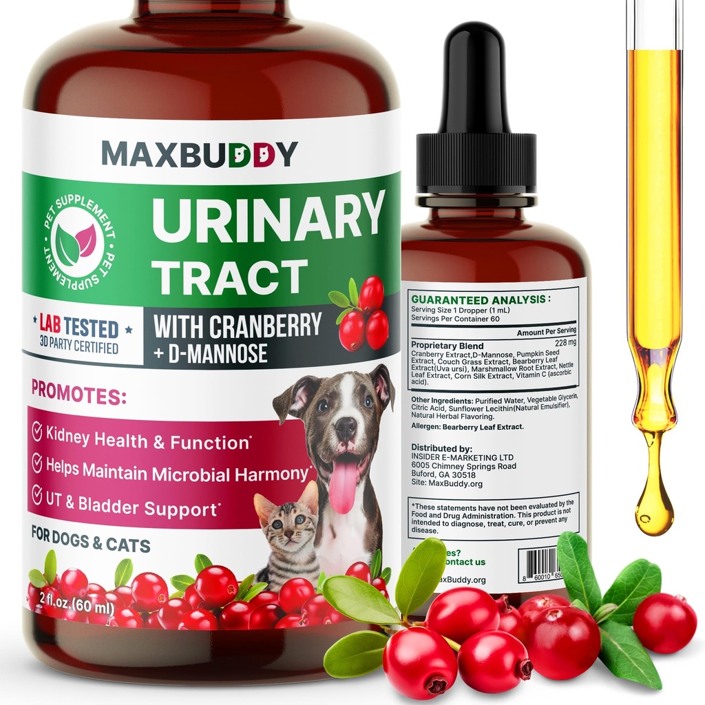 MaxBuddy Natural UTI ārstēšanas atbalsts - Dzērvenes urīnceļu infekcijas aprūpe un profilakse palīdzība kaķiem un suņiem – Nieru un urīnpūšļa labsajūtas papildinājums pilieni - atbalsts urīna plūsma